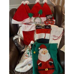 Christmas Themed Bundle W/ Hats Stockings Gift Bags Santa Sack & Holiday Glasses